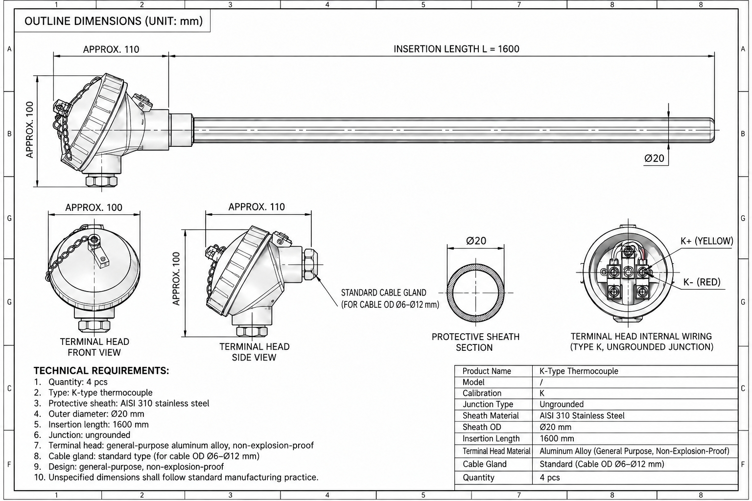 Custom K type thermocouple dimensional drawing