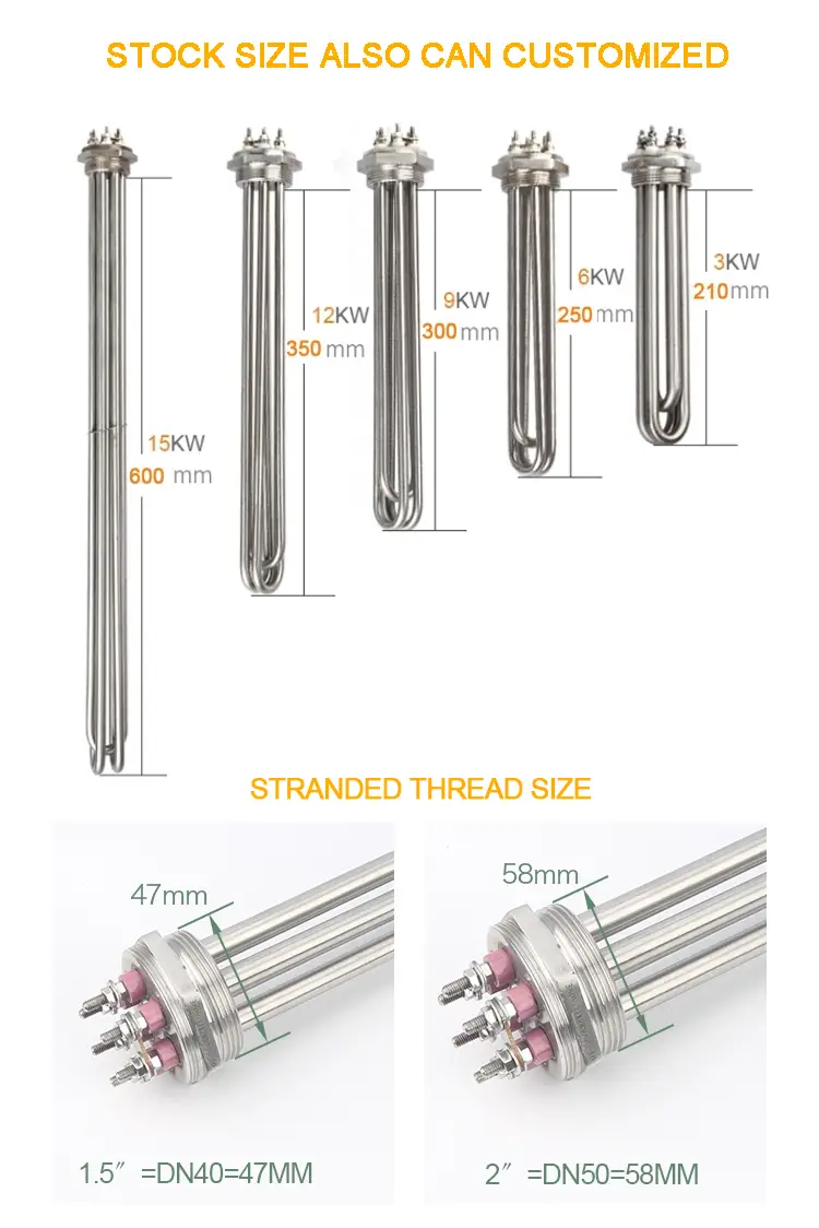 Heating Water Rod — 3kw/6kw/9kw/12kw/15kw Electric Industrial tubular immersion water heater for Liquid heating element 2