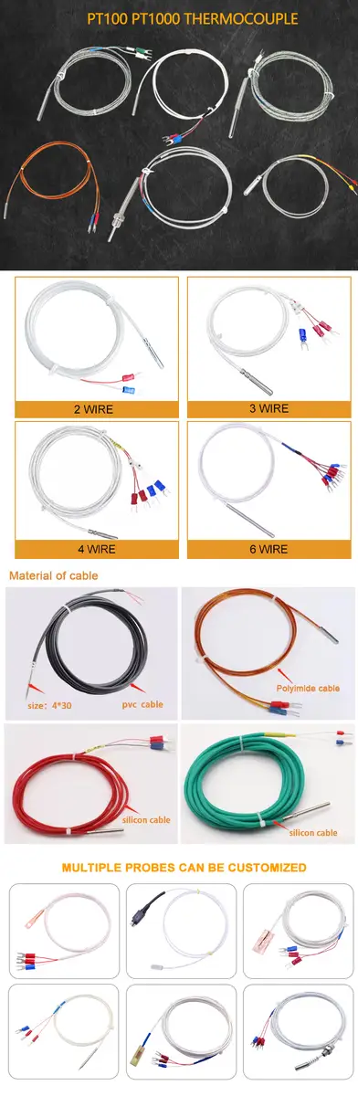 Cu100 Temperature Sensor — 3 wire industrial stainless steel probe thermocouple temperature rtd sensor PT100 1